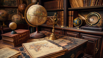 Geographic globes and old maps and old books in the cabinet. Science, education, travel history. History and geography team, behind the library, 3D illustrations