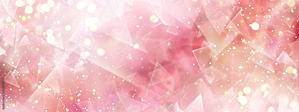 Poster pink and white background with triangles and stars, pink glitter background with small triangular sh