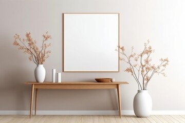 Mock up frame in home interior with table furniture, Scandi-boho style. Generated AI