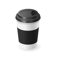 Detailed White Disposable Coffee Cup With A Stylish Black Ribbed Sleeve And Secure Lid, Perfect For Take-away Beverages