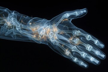 Naklejka premium Electrifying X-ray of a human hand with sparks representing neural activity, Concept of medical science, nervous system study, and diagnostic radiography