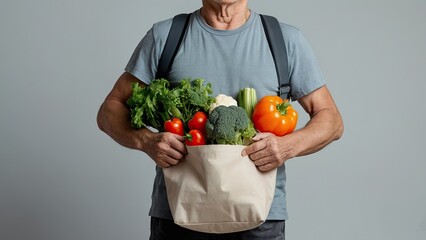 Smiling grandfather holding eco-friendly canvas bags - obrazy, fototapety, plakaty