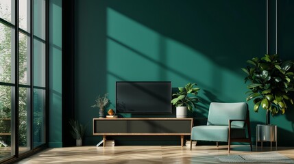 Modern interior of living room with armchair and cabinet for tv on dark green color wall background.