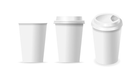 Three Different Paper Coffee Cup Mockups For Branding. The Left Shows A Classic Design, The Middle Has A Lid