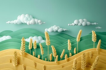 Surreal Landscape Wheat Field with Paper Cut Clouds and Mountains