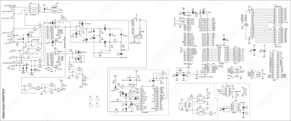 Poster schematic diagram of electronic device. vector drawing electrical circuit with integrated circuit, m