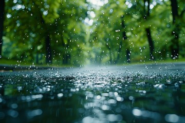 Rain falling on the asphalt with blurred background of trees in the park. water droplets splashing