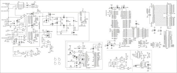 Schematic diagram of electronic device.
Vector drawing electrical circuit with 
integrated circuit, microcontroller,
resistor, capacitor, operational amplifier,
other components 
on white background.