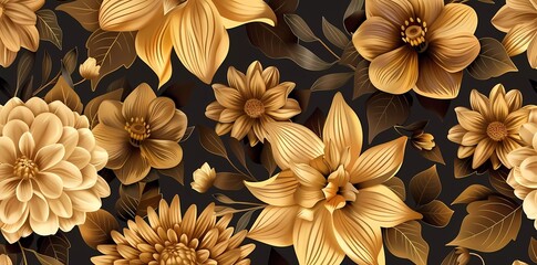 Vintage luxury seamless floral background with golden dahlias and amaryllis flowers. Romantic pattern template for wall decoration - obrazy, fototapety, plakaty