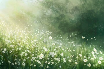 Obraz premium White Flowers on Green Field. Free Space. Copy Space.
