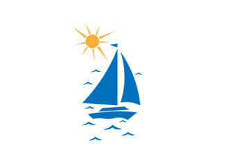 Vector illustration of a cartoon sailboat on sunset background
