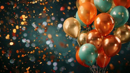 Teal and orange balloons with gold confetti, birthday party.