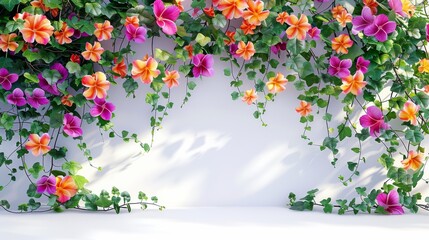 A vine with bright, colorful flowers, with a few leaves, crawling in a wavy shape, running the entire length of the frame. The ground is white. Generative AI.