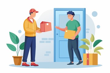 Courier gives box to customer.delivery services. Flat vector illustration.