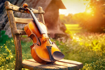 Closeup of a violin on wooden chair in sunlight garden