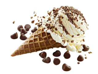Vanilla ice cream in waffle cone and chocolate pieces isolated on transparent background.