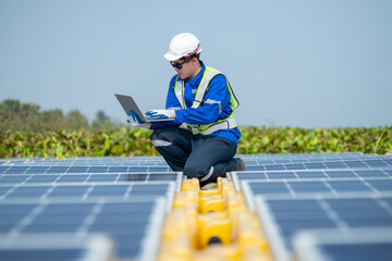 Solar Technician Monitoring Panels with Laptop