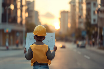 Back view of black boy in hardhat holding blueprint pretending to be an engineer during construction site. Building concepts, development, construction and architecture