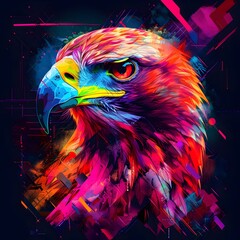 Vibrant Digital Artwork of a Fearless Eagle with Striking Abstract Patterns and Vivid Neon Hues
