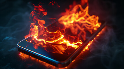 mobile phone battery burning accident, smartphone in flame, device in fire and overheating concept