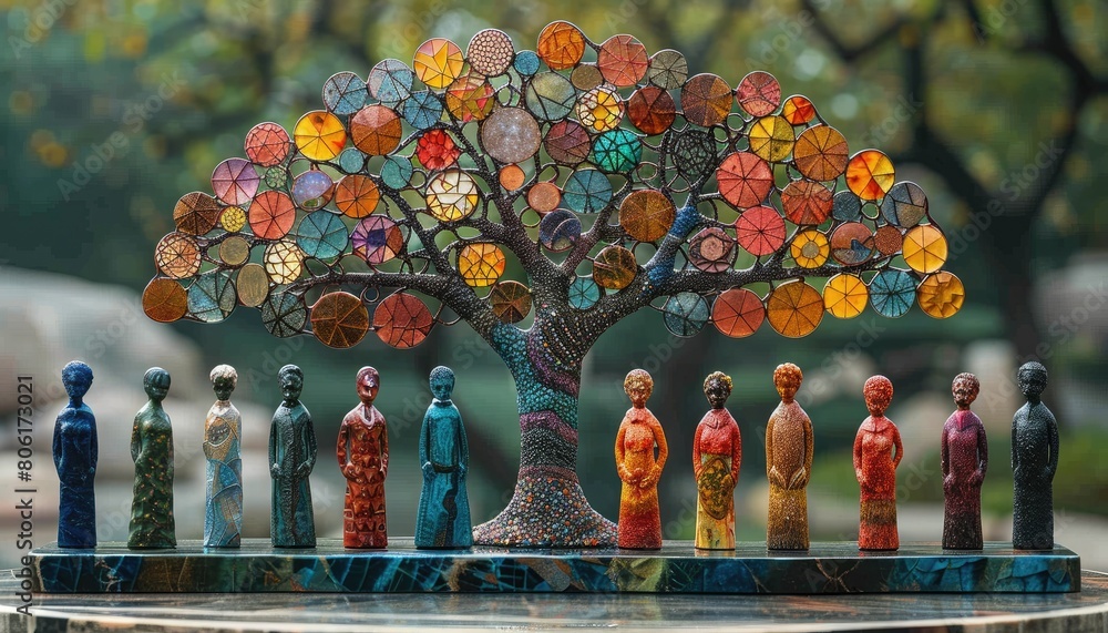 Canvas Prints A colorful sculpture of a tree with round mosaic leaves and people standing in front of it.