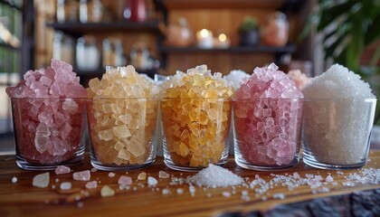 Bath salts in glass containers on a wooden table.