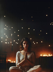 beautiful woman meditating and praying surrounded with candles and light, 