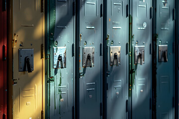 A focused shot on the locks and handles of a row of school lockers, emphasizing security and privacy, the play of light and shadow subtly hinting at the personal worlds hidden behi