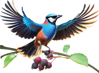 isolated blue jay with open wings sitting on branch