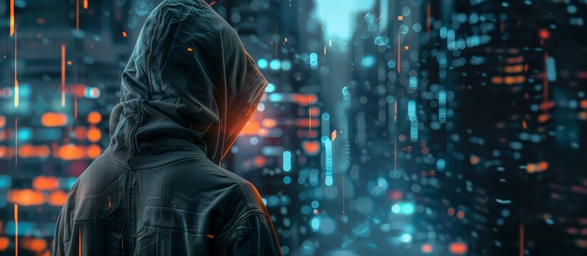 anonymous hacker in hood and with dark face, privacy and internet security, darknet and cyber crimes concept