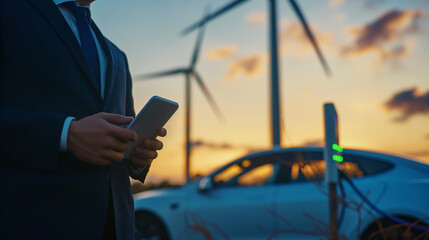 Electrical engineer using a smart phone Background of working at a wind turbine or wind generator station with cars in the city center. Concept of clean energy technology
