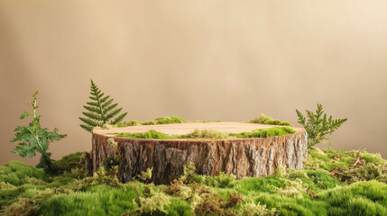 A bark stand with green moss elements on a beige background displays products for organic cosmetics and skin.