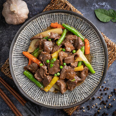 Stir-fried beef with oyster sauce top view