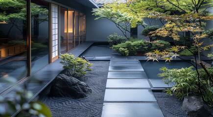 Japanese house courtyard, modern light gray metal architecture style, black textured stone paving. top view. Generative AI.
