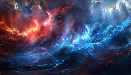 An intense visual of electric blue and fiery red waves crashing together, forming a vivid display that captures the drama of a stormy sea.