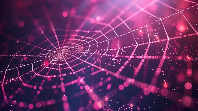 A spider web with bright lights and pink background.