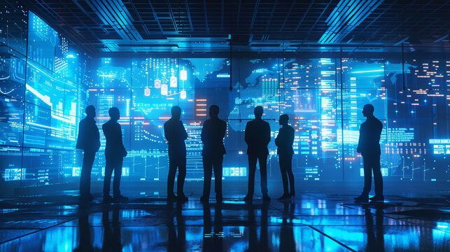 group of businessman has meeting with hologram, futuristic technology and board of directors concept