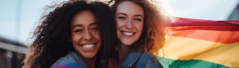 Two happy women, one black and one white, with curly hair, are standing close together and smiling. They are both wearing denim jackets and the woman on the right is holding a rainbow flag. - Powered by Adobe