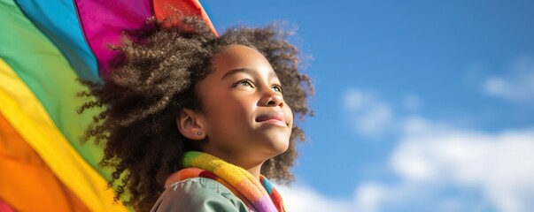 Fototapeta premium Little girl holding a rainbow flag