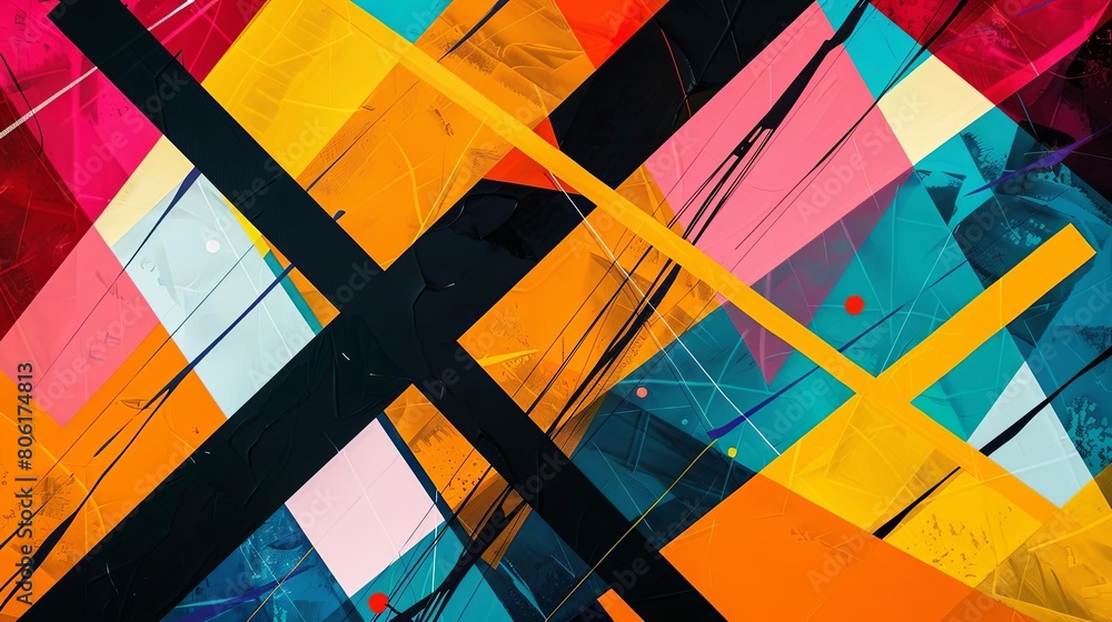 Poster abstract composition with intersecting lines bold colors white square red circle green triangle in