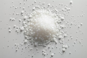 White coarse salt crystals scattered on a light gray background. Close-up studio photography. Cooking and seasoning concept for design and print. Macro shot with copy space