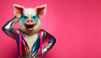 Portrait of anthropomorphic smiling pig with disco outfit and suspenders standing isolated on pink background, copy space for text