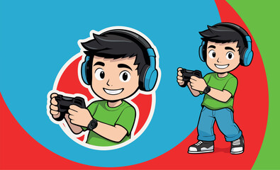 Video game vector mascot, drawing of a happy boy using a headset, holding a joystick