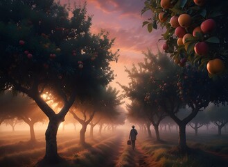 A serene orchard bathed in the soft light of dawn