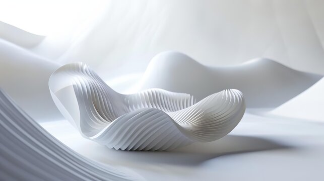 An elegant white seashell sits on a simple white surface. The shell is perfectly symmetrical, with a smooth, glossy finish. The surface below has soft shadows and gentle curves.
