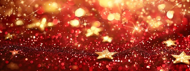 Red background, golden stars, glowing and sparkling, festive atmosphere, with red and gold as the main colors, creating an overall warm tone.