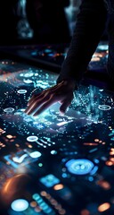 Person interacting with an interactive table displaying various digital elements and icons, symbolizing the integration of technology in business innovation