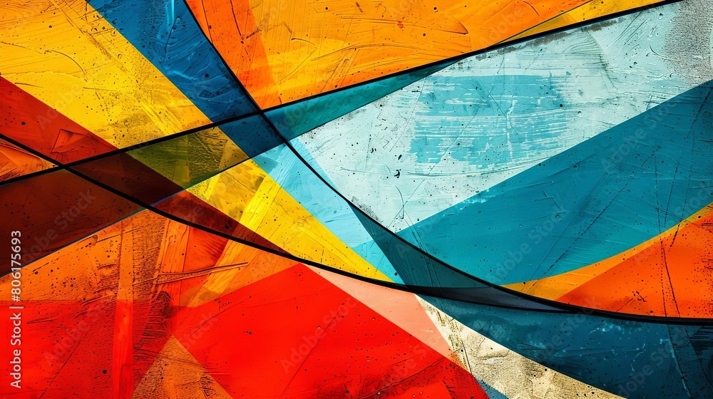 Poster abstract composition with intersecting lines and bold colors showcasing geometric shapes arranged