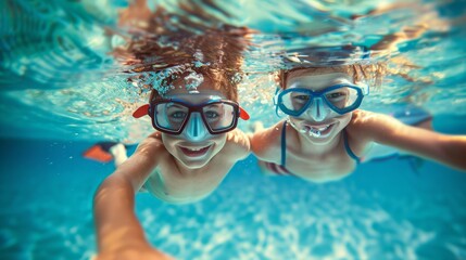 Naklejka premium A wide-angle underwater photograph captures the joy of two children swimming and exploring in a large pool. Equipped with masks 