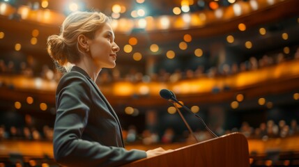 Confident female speaker at podium addressing audience in auditorium, Concept of leadership, public speaking, and empowerment